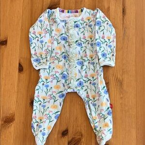 Magnetic Me Floral Ruffle Footed One-Piece - White with Pastel Flowers